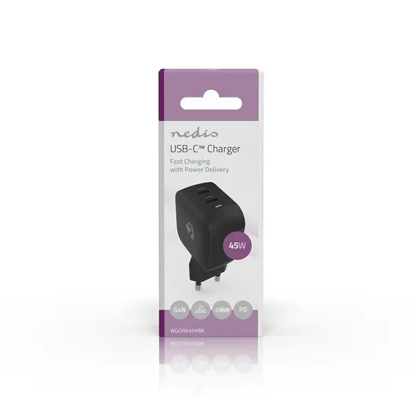 Nedis WGCHA45WBK töltő 45 W | GaN | PD3.0, Gyorstöltési funkció, 2,25 / 3,0 A, 2x USB-C, Automatikus feszültségválasztás