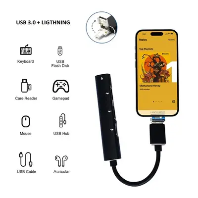 BLACKBIRD Adapter USB3.0/Lightning, 2xUSB, 1xUSB-C, 1xLightning, Fekete – 2. kép