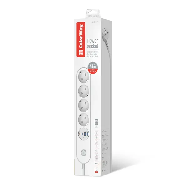 COLORWAY Hálózati elosztó, CW-CHE44PDW, 4 dugalj, 4xUSB (Type-C 2PD20W + 2USB QC3.0) (20 W), 2 m, fehér – 4. kép