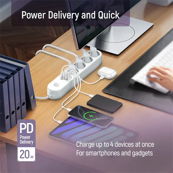 COLORWAY Hálózati elosztó, CW-CHE44PDW, 4 dugalj, 4xUSB (Type-C 2PD20W + 2USB QC3.0) (20 W), 2 m, fehér – 6. kép