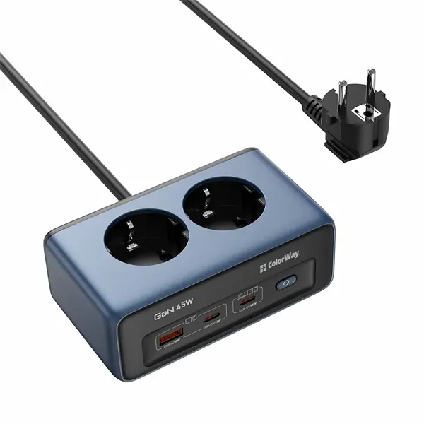 COLORWAY Hálózati és USB elosztó, 2 dugalj, 2x220V/1xUSB-A/2xUSB-C (GaN45W)
