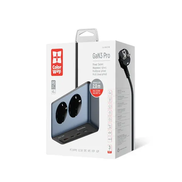 COLORWAY Hálózati és USB elosztó, 2 dugalj, 2x220V/1xUSB-A/2xUSB-C (GaN45W) – 6. kép