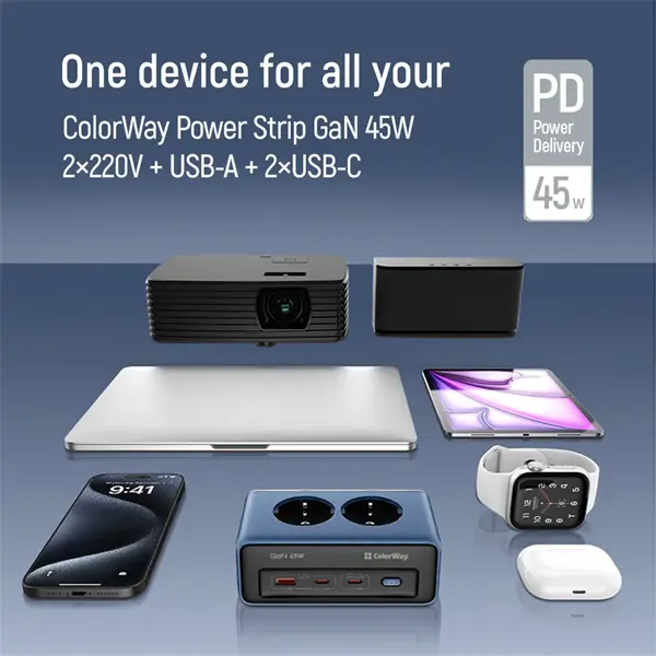 COLORWAY Hálózati és USB elosztó, 2 dugalj, 2x220V/1xUSB-A/2xUSB-C (GaN45W) – 7. kép
