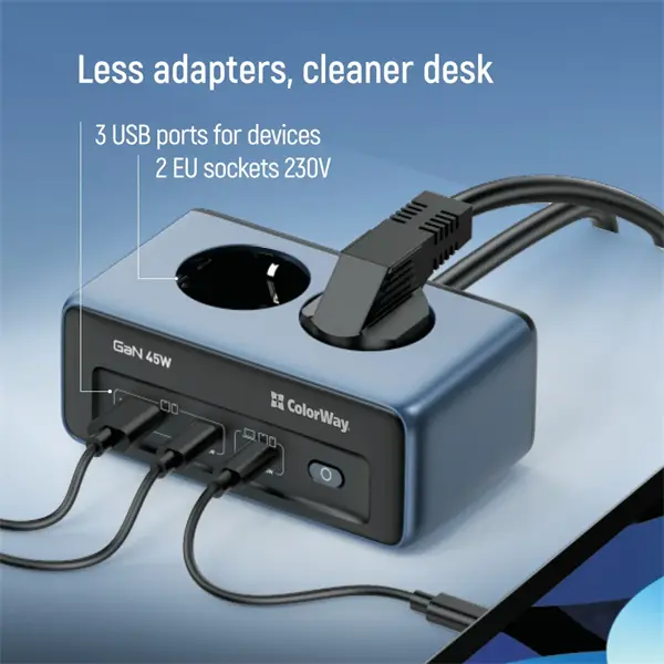 COLORWAY Hálózati és USB elosztó, 2 dugalj, 2x220V/1xUSB-A/2xUSB-C (GaN45W) – 8. kép