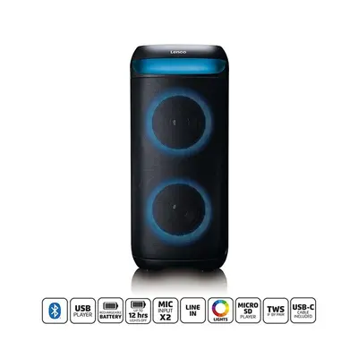 Lenco PA-210BK Bluetooth 5.3 bulihangszóró beépített világítással , TWS, 100W erősítővel, 2x mikrofon bemenet