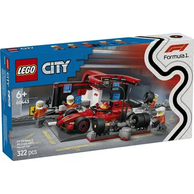 LEGO® F1®-es boxutca és személyzet, Ferrari autóval, versenyautós játék 60443