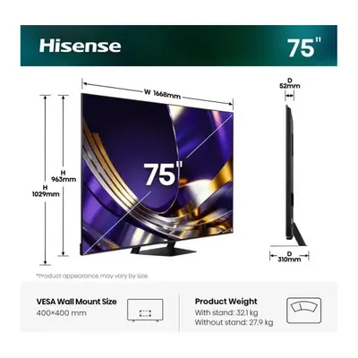 HISENSE 75U7S PRO 75"/189cm 4K 165Hz Smart MiniLED TV, 3840x2160, 4xHDMI/2xUSB/RJ45/Wifi – 2. kép