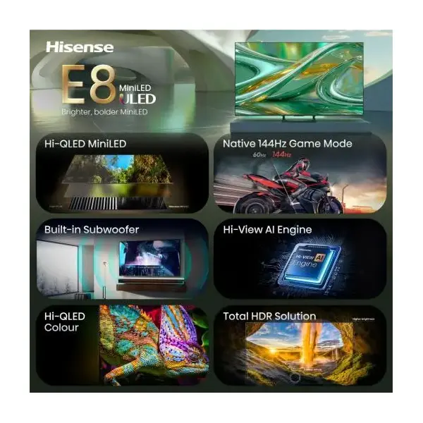 HISENSE 75E8S 75"/189CM 4K 144Hz Smart MiniLED TV, 3840X2160, 4xHDMI/2xUSB/RJ45/WIFI – 3. kép