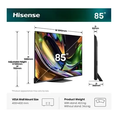 HISENSE 85UR8S 85"/215cm 4K 180Hz Smart RGB MiniLED TV, 3840x2160, 4xHDMI/2xUSB/RJ45/WIFI – 2. kép