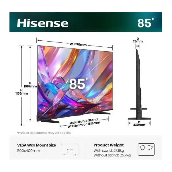 HISENSE 85E7S 85"/215cm 4K UHD Smart Hi-QLED TV, 3840x2160, 3xHDMI/2xUSB/RJ45/WIFI – 2. kép