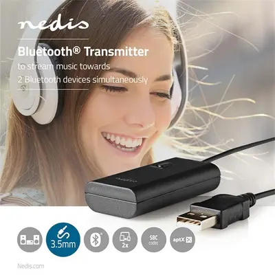 Nedis BTTR100BK bluetooth adó, Audio/video/adatcsatlakozók bemenete: 1x AUX / 1x USB | AptX / SBC, memória 2 eszközre
