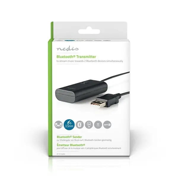 Nedis BTTR100BK bluetooth adó, Audio/video/adatcsatlakozók bemenete: 1x AUX / 1x USB | AptX / SBC, memória 2 eszközre – 5. kép