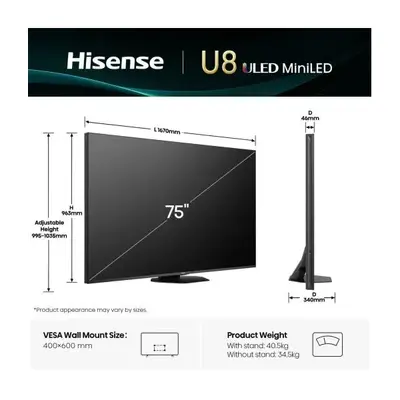 HISENSE 75U8Q 75" U8Q ULED MiniLED 165 Hz 4K Smart TV, 3840x2160, 3xHDMI/2xUSB/1xUSB-C/LAN/WIFI – 2. kép