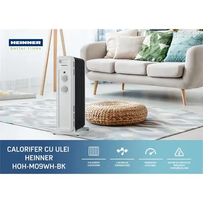 HEINNER HOH-M09WH-BK 9 tagos olajradiátor, állítható termosztát, 2200W, Fehér – 2. kép