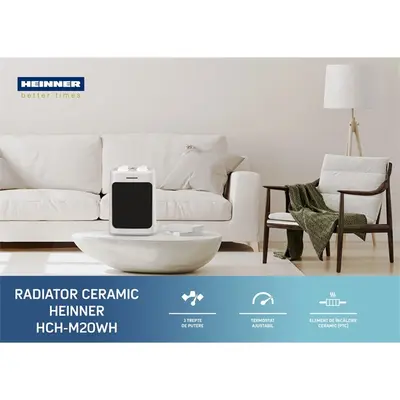 HEINNER HCH-M20WH Kerámia fűtőtest, 900W/1300W/2000W, állítható termosztát. túlmelegedés és borulás védelem, Fehér – 2. kép
