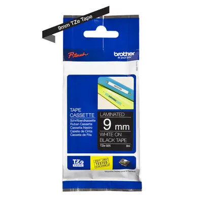 BROTHER szalag TZe-325, Fekete alapon Fehér, Laminált, 9mm 0.35", 8 méter – 2. kép