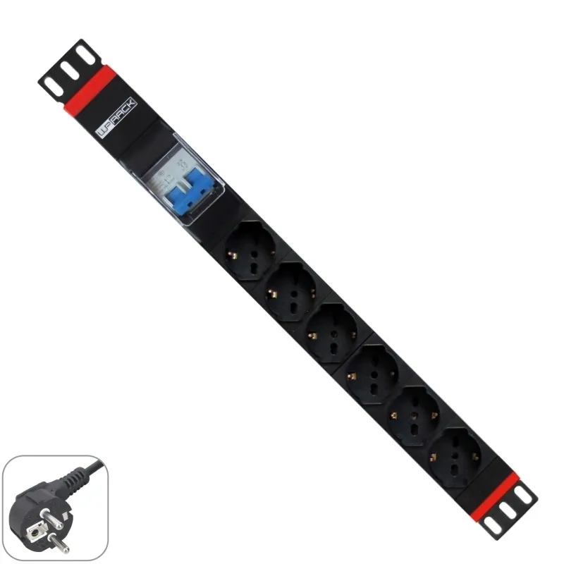 WP Multiple Socket for rack 19"– 6 Italian/Schuko sockets with 2P circuit braker 1A/60A, 1 unit - Schuko Plug