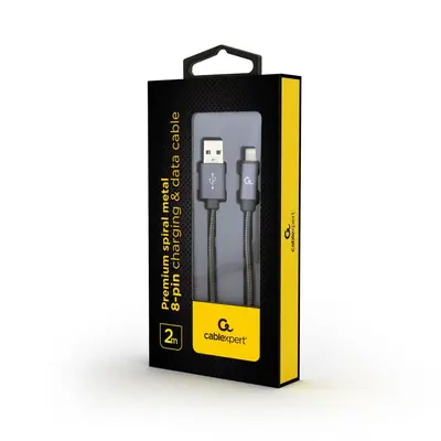 Gembird CC-USB2S-AMLM-2M-BG Lightning Premium spiral metal 8-pin charging and data cable 2m Metallic Grey – 2. kép