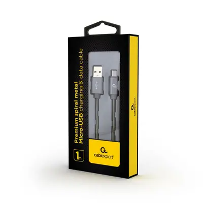 Gembird CC-USB2S-AMmBM-1M-BG microUSB Premium spiral metal charging and data cable 1m Metallic Grey – 2. kép