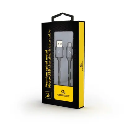 Gembird CC-USB2S-AMmBM-2M-BG microUSB Premium spiral metal charging and data cable 2m Metallic Grey – 2. kép