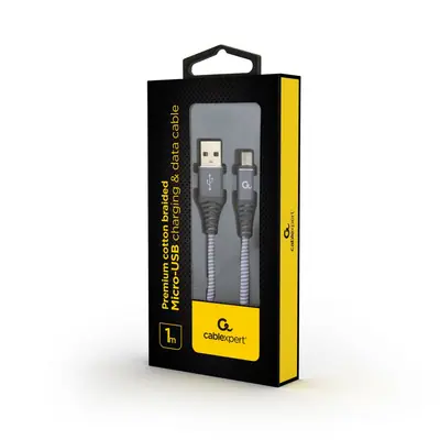 Gembird CC-USB2B-AMmBM-1M-WB2 Premium cotton braided microUSB charging and data cable 1m Space Grey/White – 2. kép