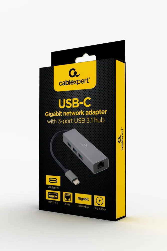 Gembird USB-C Gigabit network adapter with 3-port USB 3.1 hub Grey – 2. kép