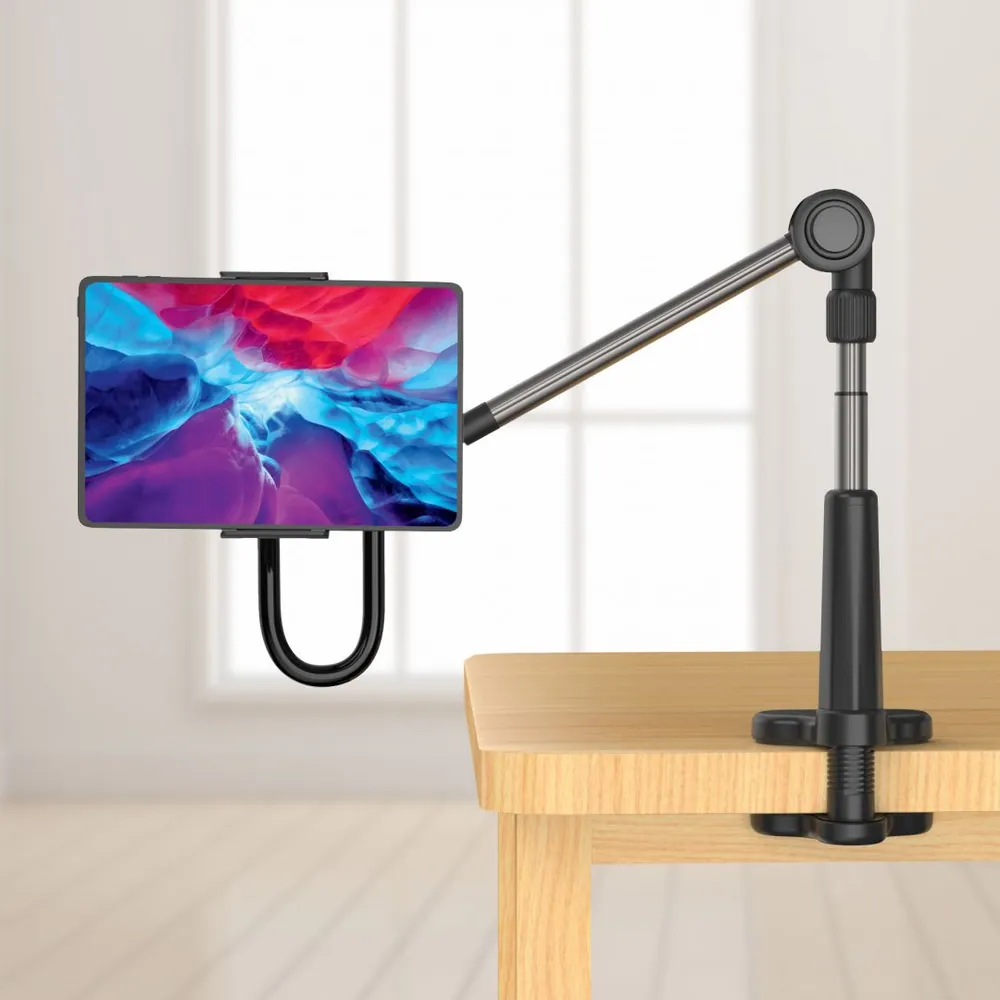 FIXED Univerzális asztali tablet/telefon tartó állvány forgatható és állítható karral, fekete – 9. kép