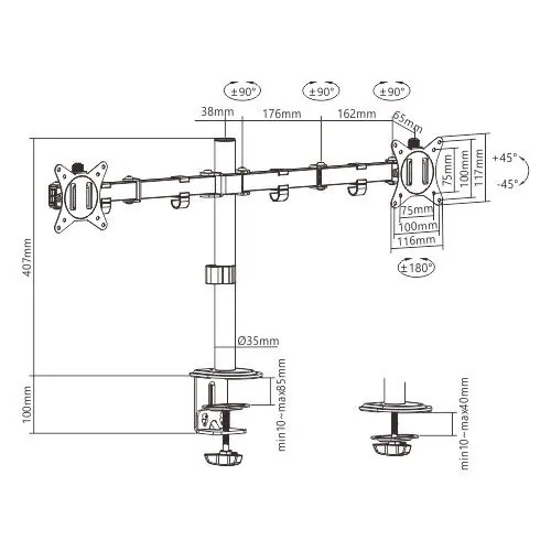 Gembird MA-D2-01 Adjustable Desk 2-Display Mounting Arm 17”-32” Black – 2. kép