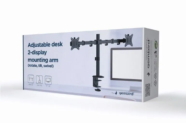 Gembird MA-D2-01 Adjustable Desk 2-Display Mounting Arm 17”-32” Black – 3. kép