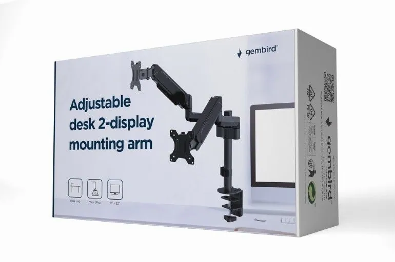 Gembird MA-DA2P-01 Adjustable Desk 2-Display Mounting Arm 17”-32” Black – 3. kép