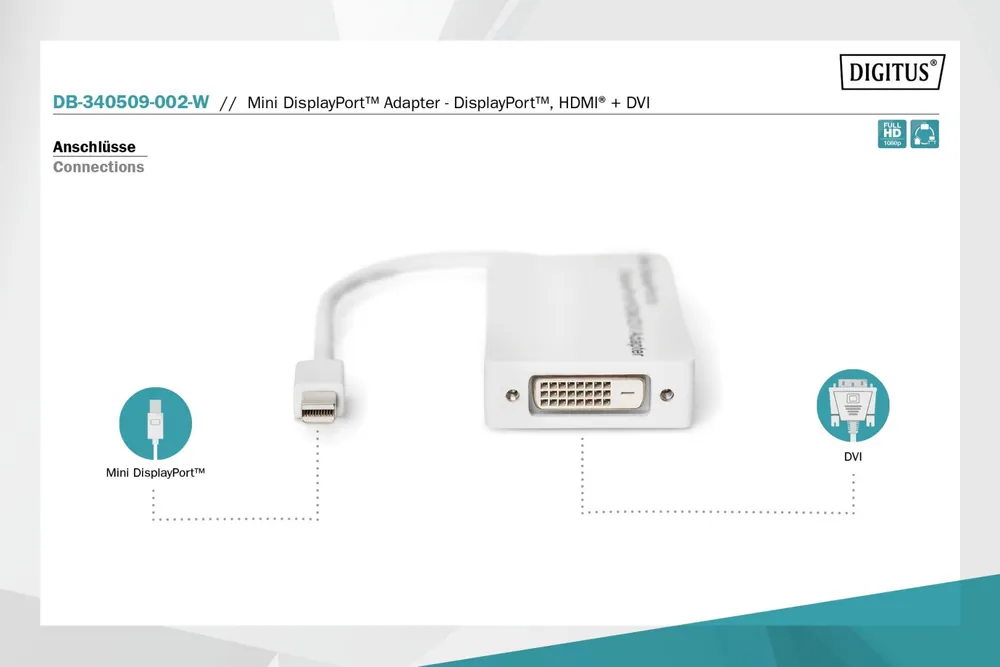 Digitus Mini DisplayPort Adapter/Converter Mini DP to DisplayPort HDMI+DVI 0,2m White – 5. kép