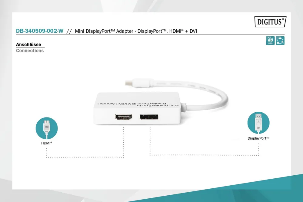 Digitus Mini DisplayPort Adapter/Converter Mini DP to DisplayPort HDMI+DVI 0,2m White – 6. kép