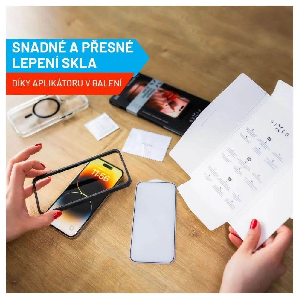 FIXED teljes képernyőt védő 2,5D edzett üveg aplikátorral Apple iPhone 15 Plus készülékhez, fekete – 7. kép