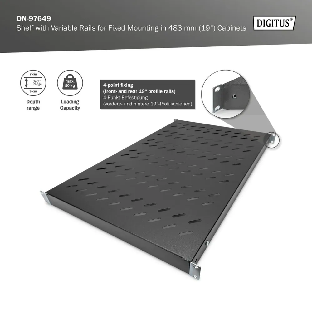 Digitus 1U fixed shelf for 1000mm depth racks 44x482x700mm adjust. 700-900mm depth Black – 5. kép