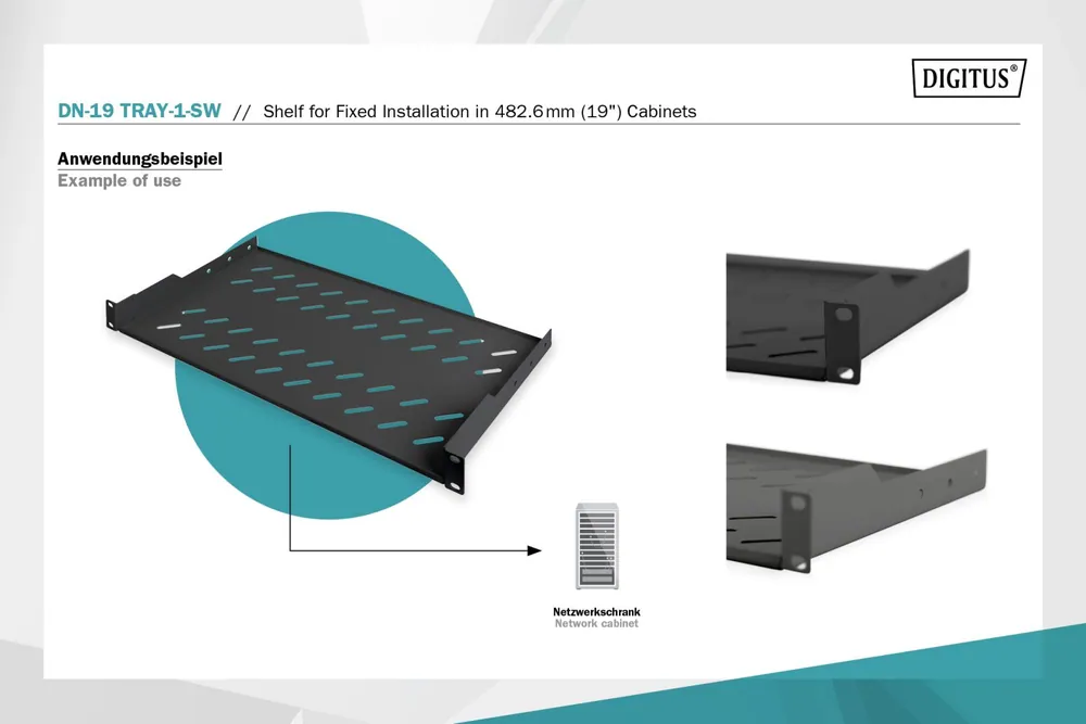 Digitus 1U fixed shelf for racks from 400mm depth 45x483x250mm up to 15kg Black (RAL 9005) – 7. kép