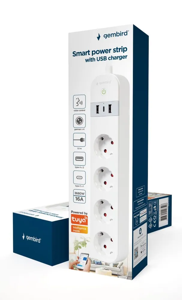 Gembird Smart power strip with USB charger 4 sockets White – 4. kép