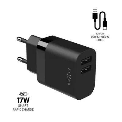 FIXED hálózati töltő, 2*USB-A kimenet, 17W + USB/USB-C kábel, fekete – 2. kép