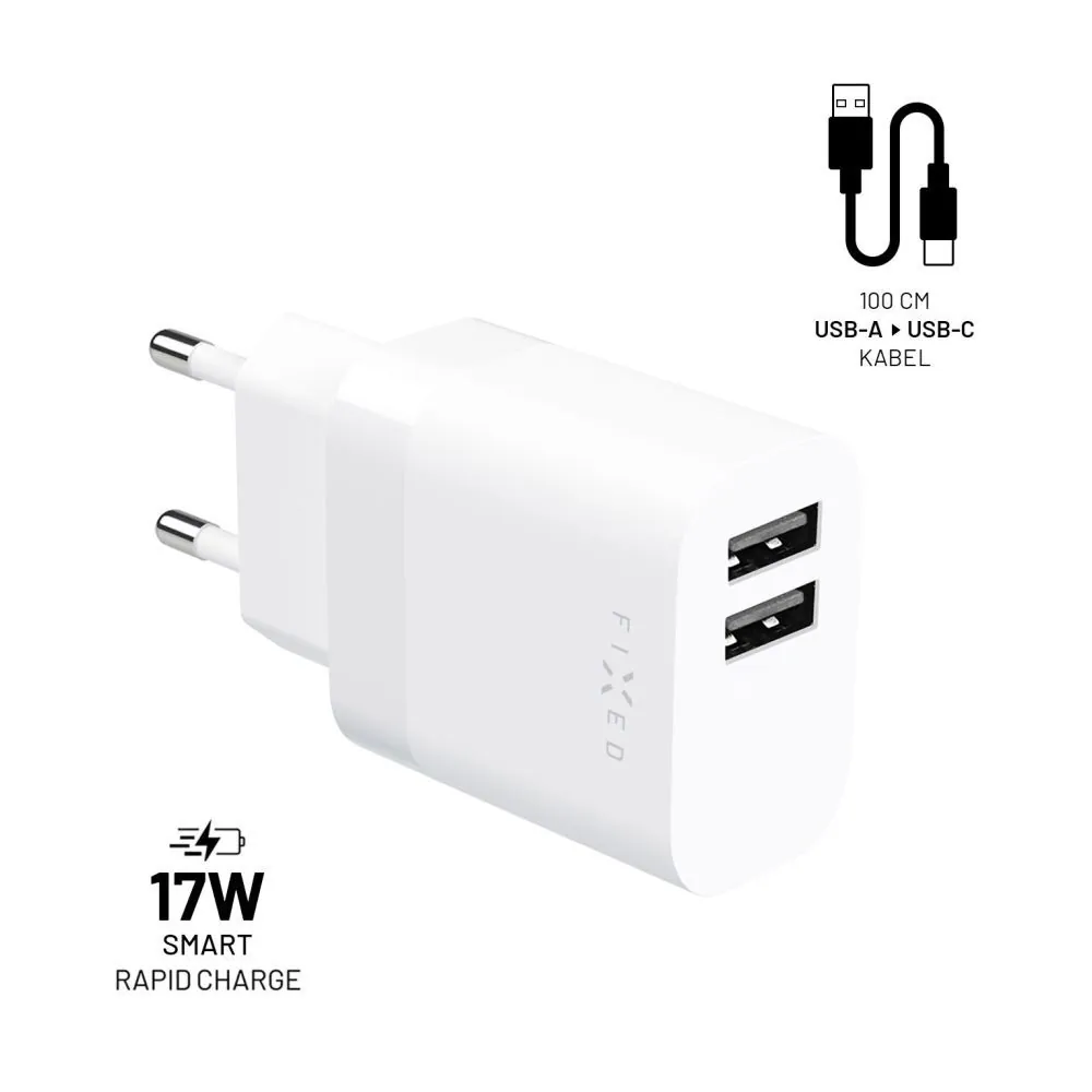 FIXED hálózati töltő, 2*USB-A kimenet, 17W + USB/USB-C kábel, fehér – 2. kép