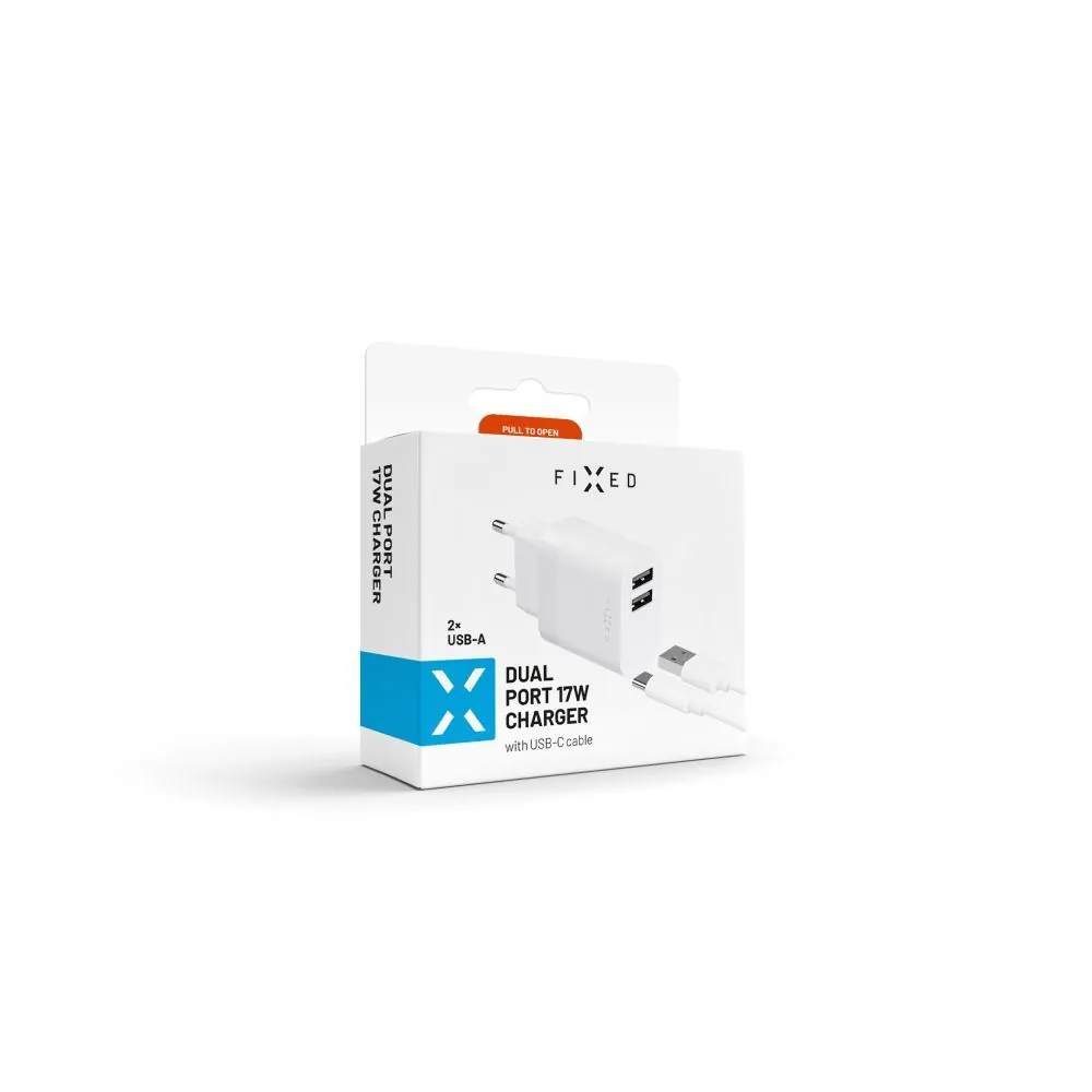 FIXED hálózati töltő, 2*USB-A kimenet, 17W + USB/USB-C kábel, fehér – 8. kép