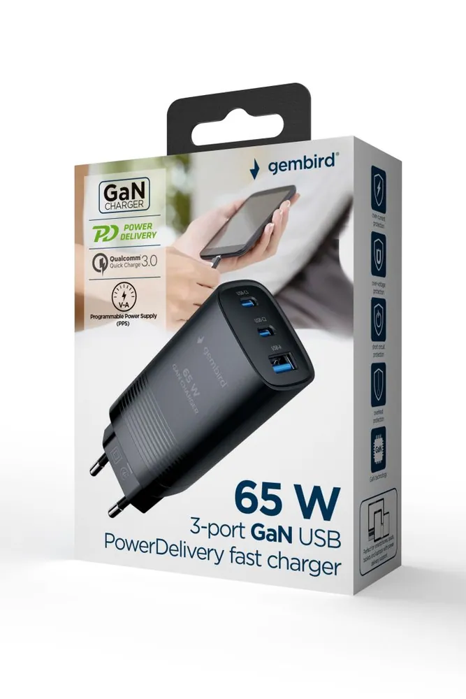 Gembird 3-port 67W GaN USB PowerDelivery fast charger Black – 5. kép
