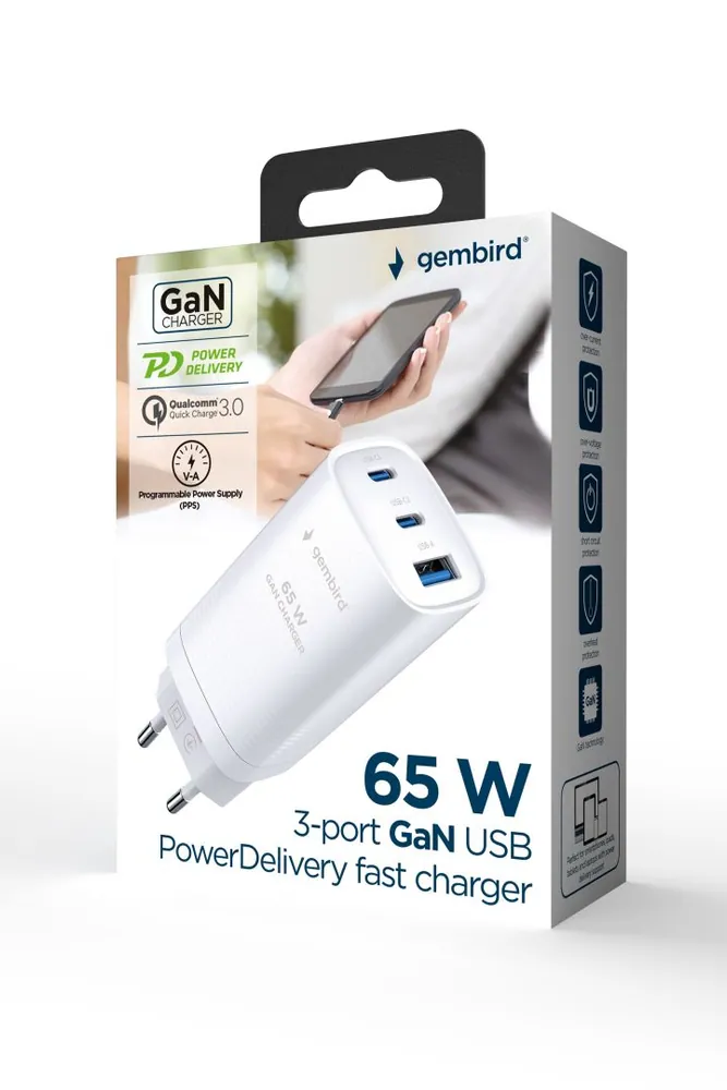 Gembird 3-port 67W GaN USB PowerDelivery fast charger White – 5. kép