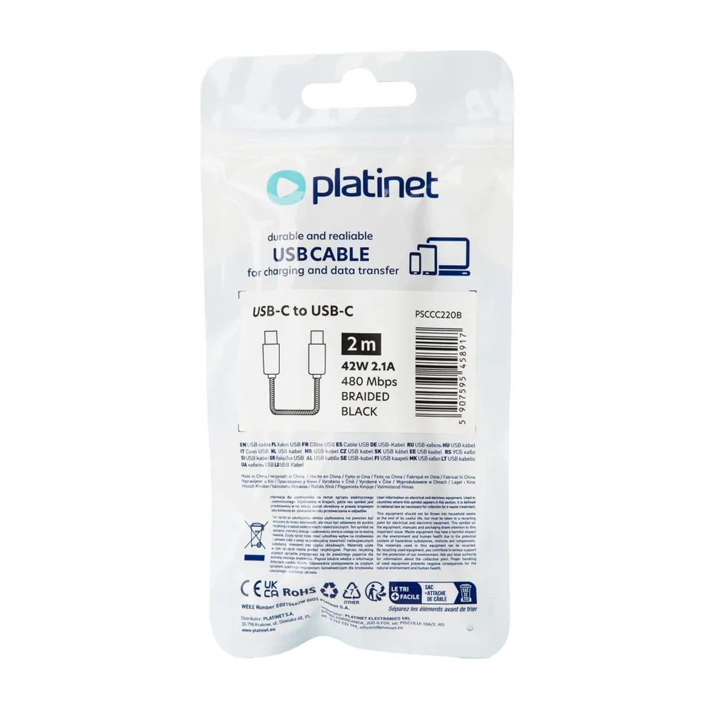 Platinet USB-C to USB-C 42W Braided Cable 2m Black – 2. kép