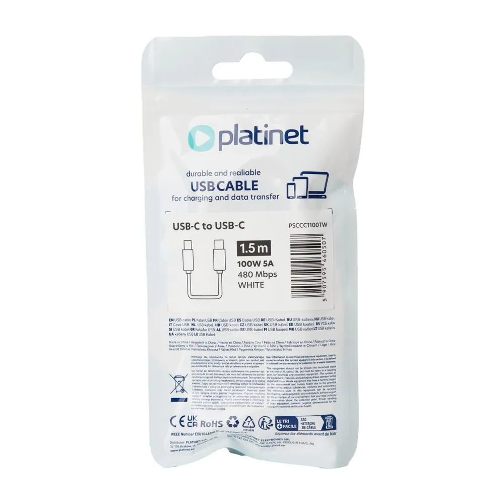 Platinet USB-C to USB-C 100W Cable 1,5m White – 2. kép