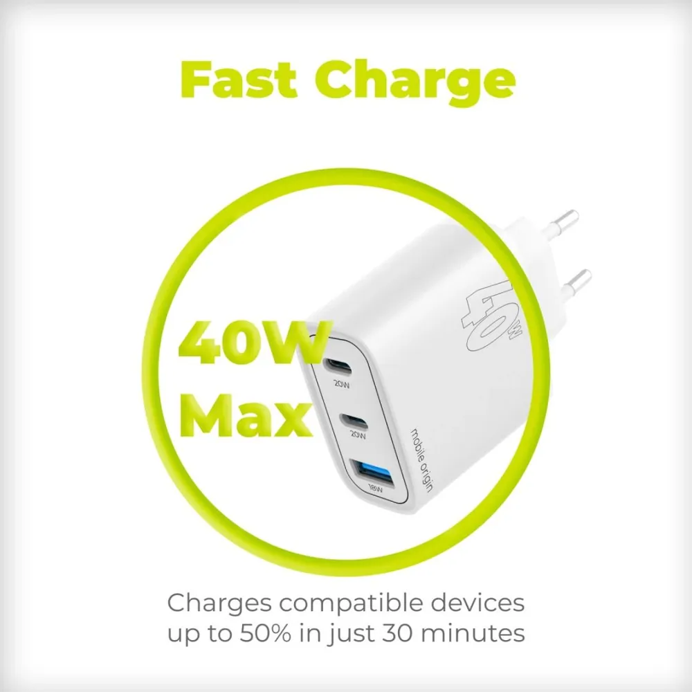 Mobile Origin GaN 40W Wall Charger MO13, 1 USB-A + 2 USB-C – 7. kép