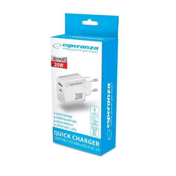 Esperanza Quich Power Charger 20W USB-C PD 20W / USB-A QC 3.0 18W White – 3. kép