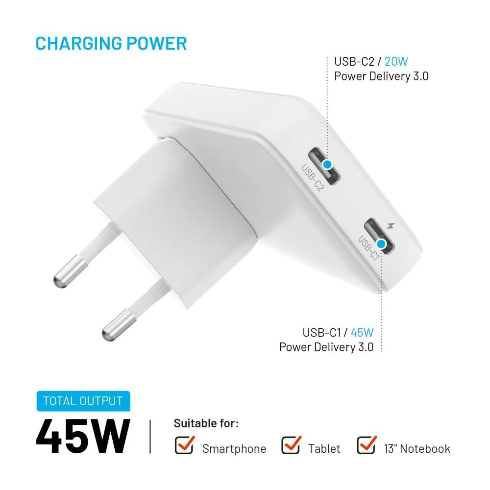 FIXED Slim Traveller 2xUSB-C utazási töltő világadapter GaN 45W, fehér – 3. kép