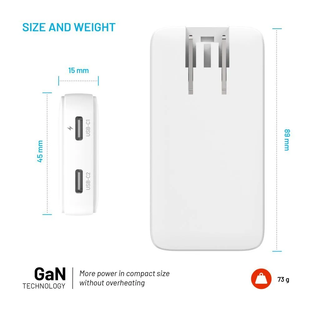 FIXED Slim Traveller 2xUSB-C utazási töltő világadapter GaN 45W, fehér – 5. kép
