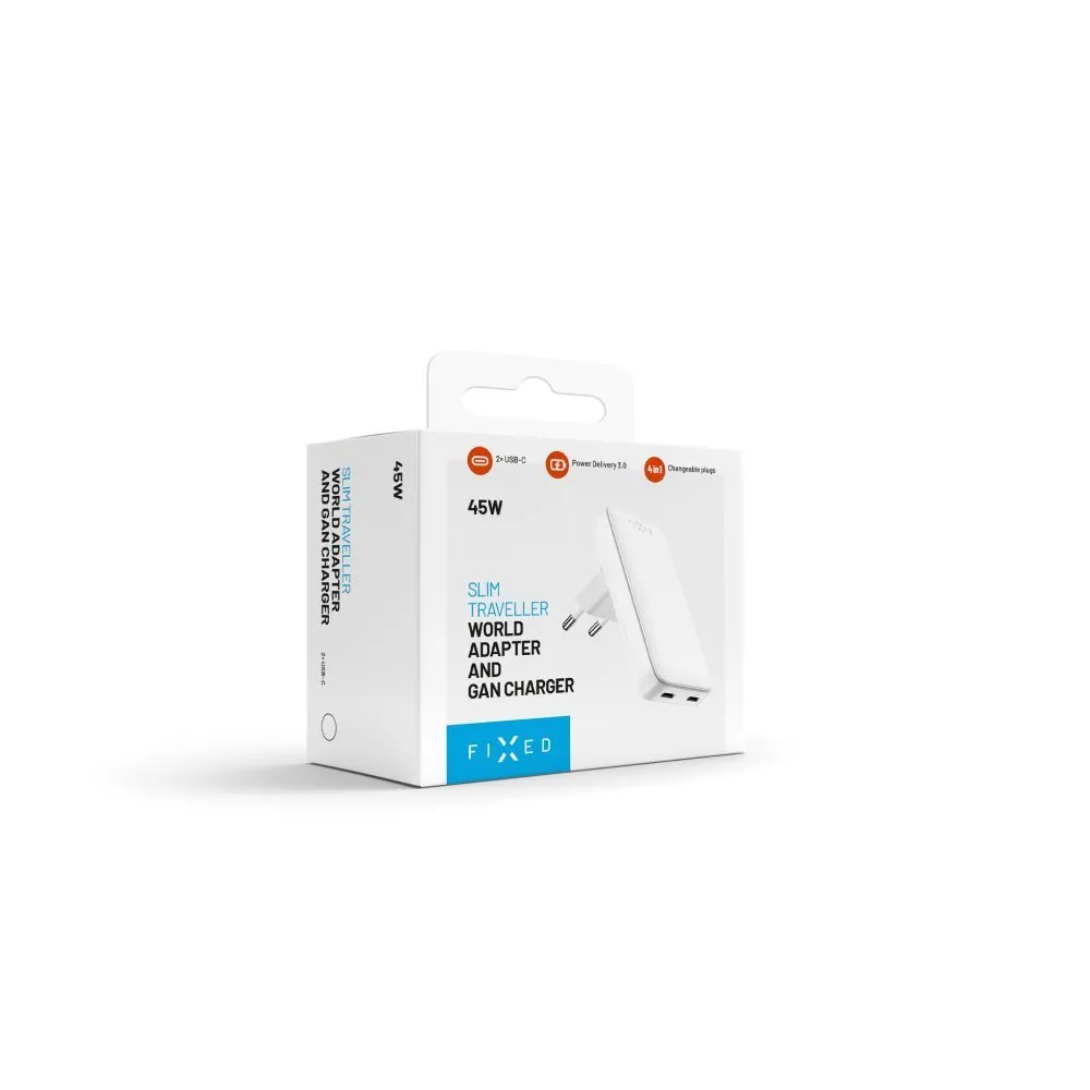 FIXED Slim Traveller 2xUSB-C utazási töltő világadapter GaN 45W, fehér – 9. kép