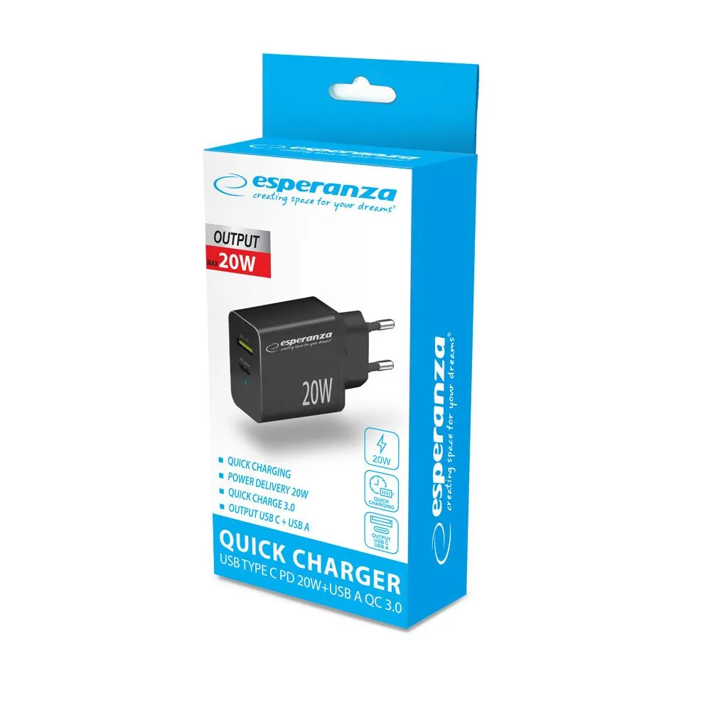 Esperanza Quich Power Charger 20W USB-C PD 20W / USB-A QC 3.0 18W Black – 3. kép