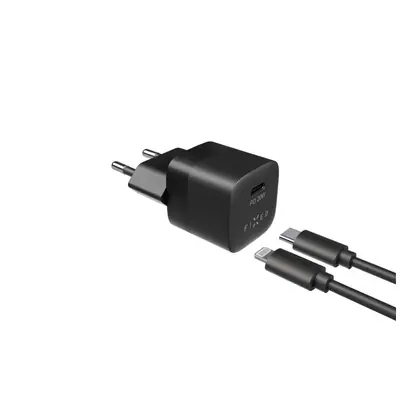 FIXED Mini hálózati töltőkészlet USB-C kimenettel és USB-C/Lightning kábellel 20W 1m, fekete – 2. kép